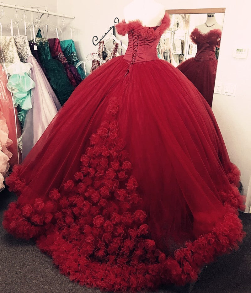 Red Tulle Ball Gown Wedding Dresses Off The Shoulder – alinanova