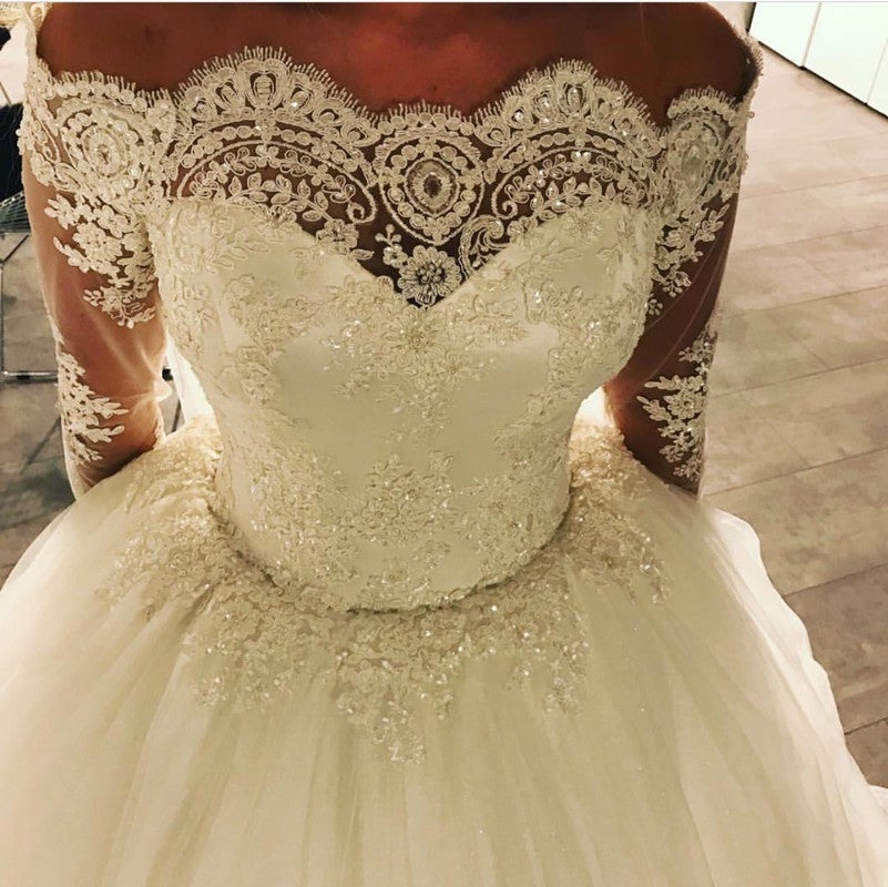 Off-the-shoulder Lace Long Sleeves Tulle Ball Gowns Wedding Dresses ...