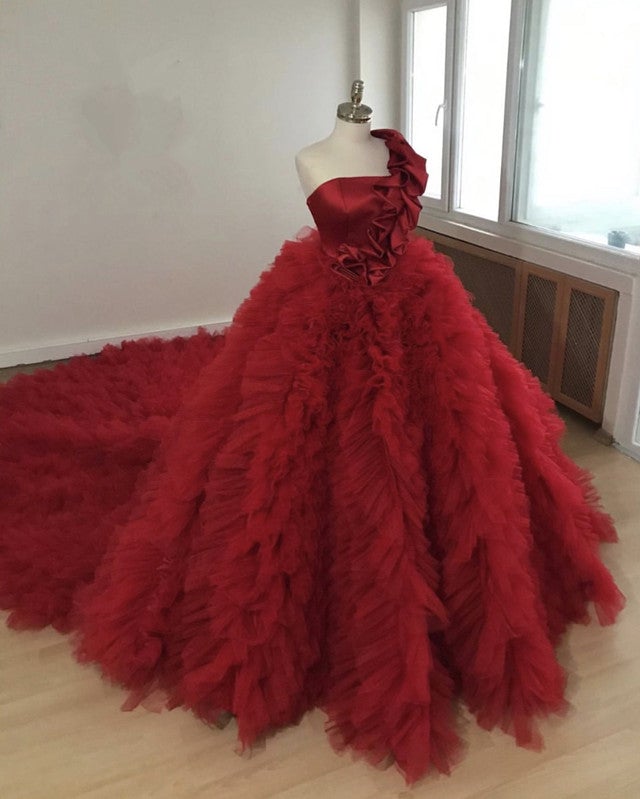 Red Wedding Dresses Ruffles Ball Gown One Shoulder – alinanova