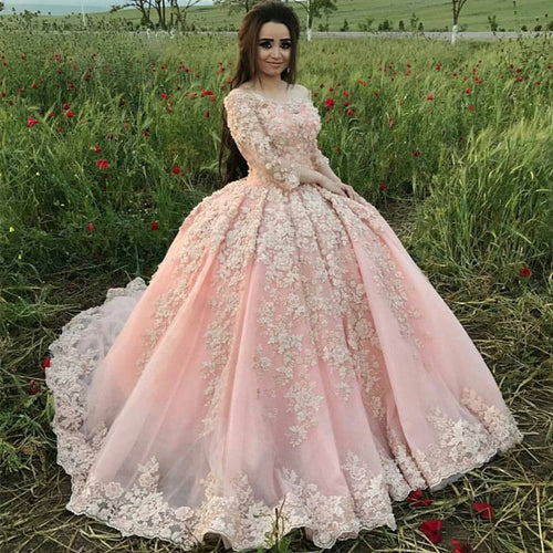 Pink Lace Long Sleeves Ball Gowns Wedding Dresses-alinanova