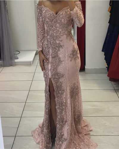 Pink Lace Prom Dress Mermaid V-neck-alinanova