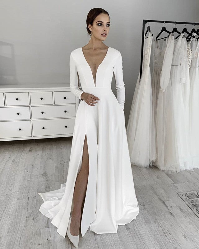 Sexy A Line Wedding Dress Plunge Neck Satin Split – alinanova