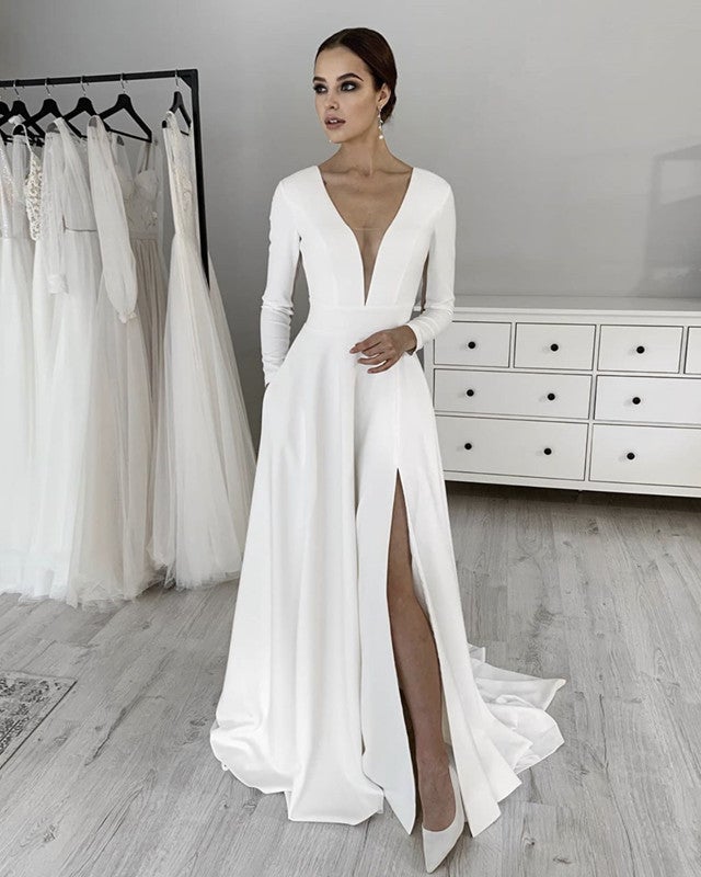 Plunge Satin Wedding Dress With Slit