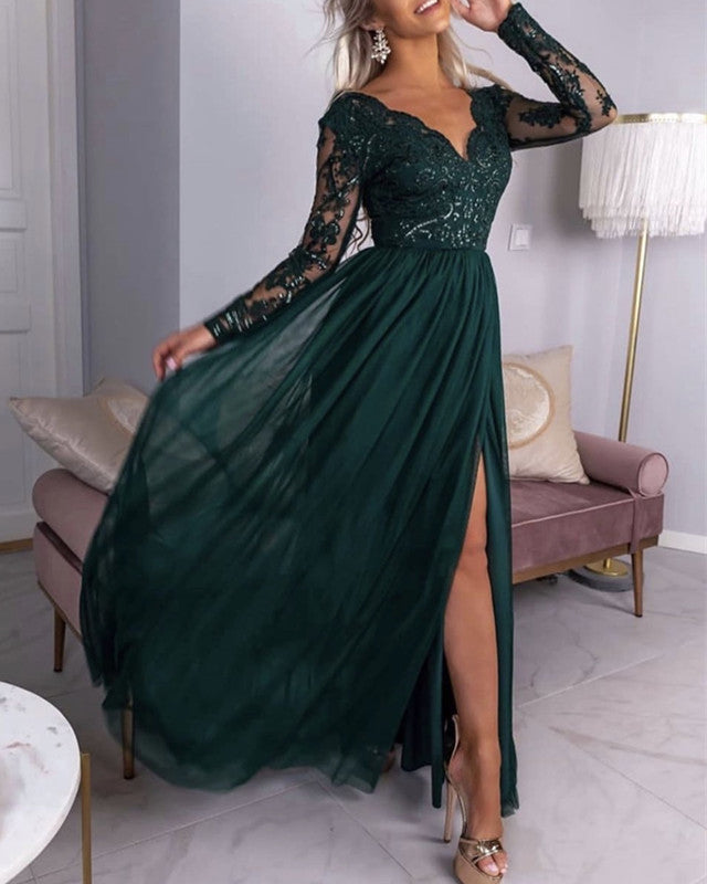 Lace Long Sleeves Prom Evening Dresses Side Split – alinanova