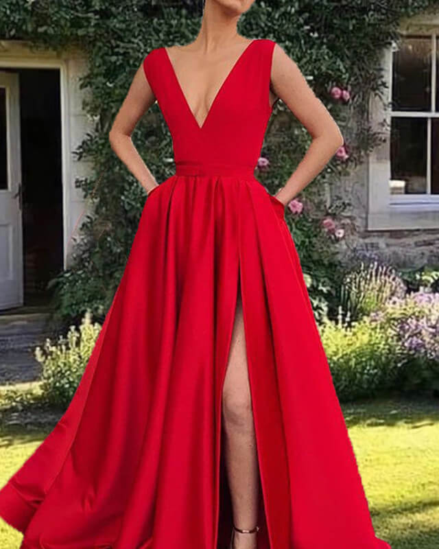 Plunge V-neck Long Satin Red Prom Dress Leg Split Evening Gowns – alinanova