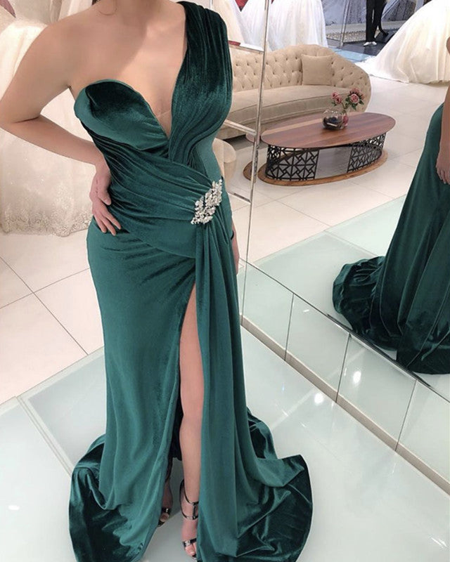 Mermaid Velvet Prom Dresses One Shoulder Side Split – alinanova