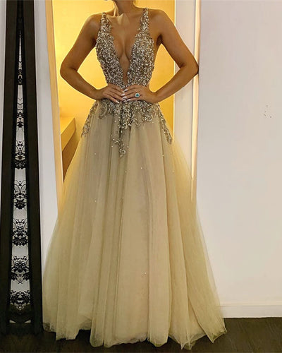 Tulle Floor Length Prom Dresses Plunge Neck Embroidery Beaded-alinanova