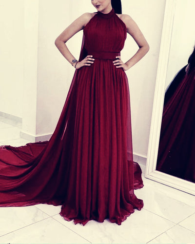 Long Chiffon Halter Prom Evening Dresses With Cape-alinanova