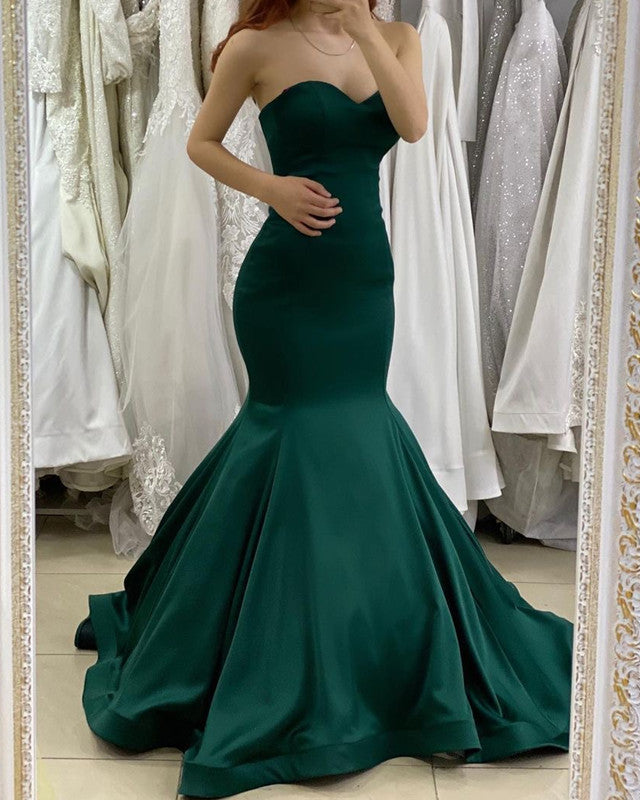 Emerald Green Prom Dresses Long Satin Open Back Formal Evening Gowns alinanova