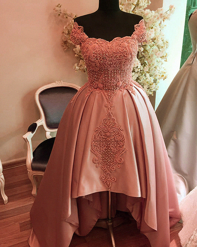 Rose gold high low prom dress sales