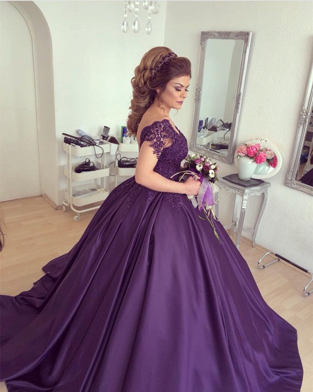 Purple Lace V neck Cap Sleeves Wedding Dresses Ball Gowns For Engageme alinanova