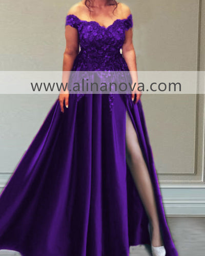 Off The Shoulder Split Satin Prom Dresses With 3D Flowers-alinanova