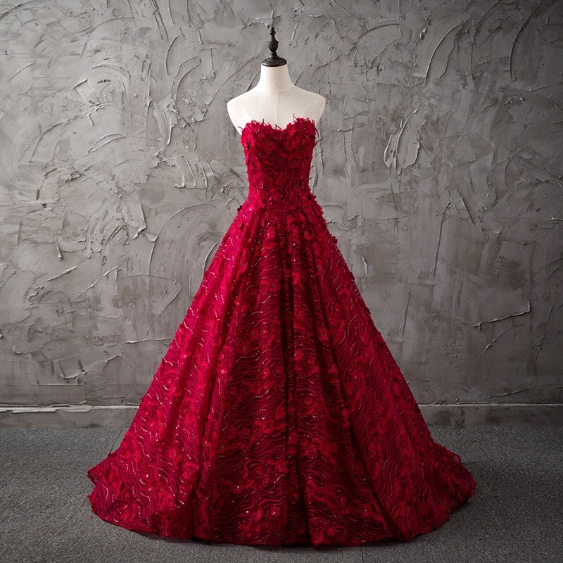 Romantic Burgundy Lace Embroidery Sweetheart Wedding Dresses Princess ...