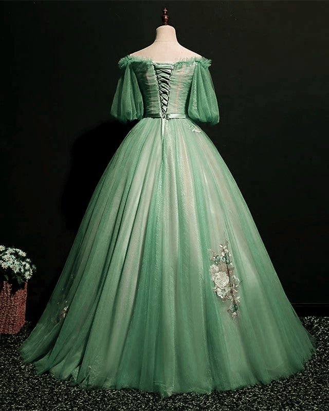 Sage Green Tulle Cottagecore Prom Dress Puffy Sleeves alinanova