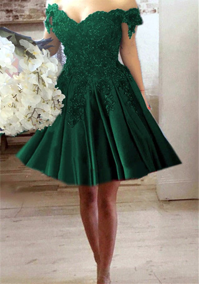 Short Green Satin Prom Dresses Off Shoulder With Lace Flowers Beaded alinanova