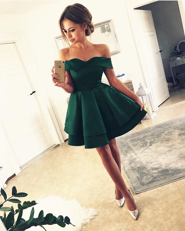 Short Satin Homecoming Dresses V neck The Shoulder alinanova