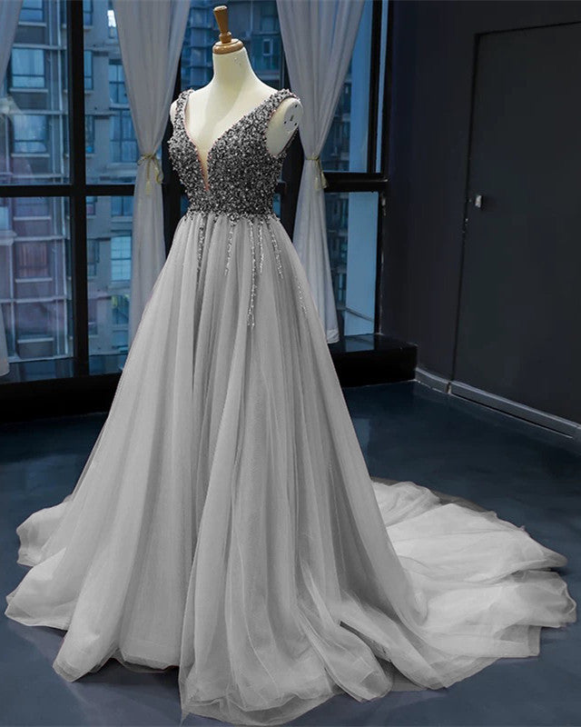 Elegant Tulle Prom Long Dresses Pearl Beaded V Neck – alinanova