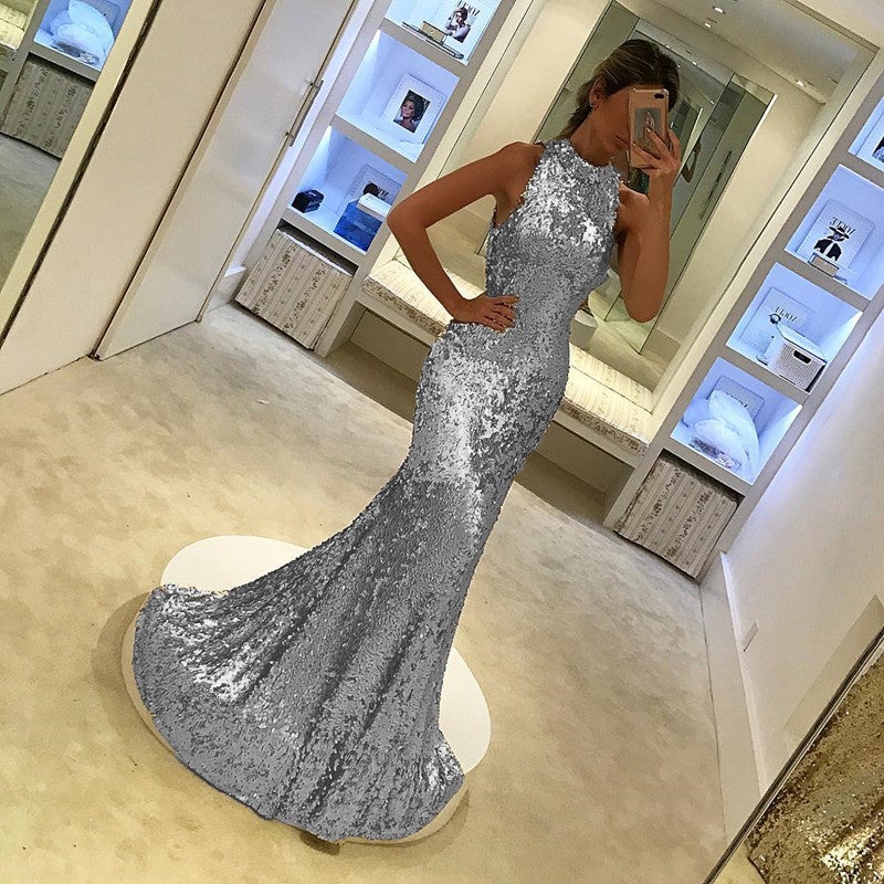 Silver Sequins Halter Long Mermaid Evening Gowns – alinanova