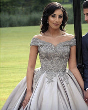 Load image into Gallery viewer, Silver Wedding Dresses Satin Ball Gown Lace Beaded Off Shoulder-alinanova
