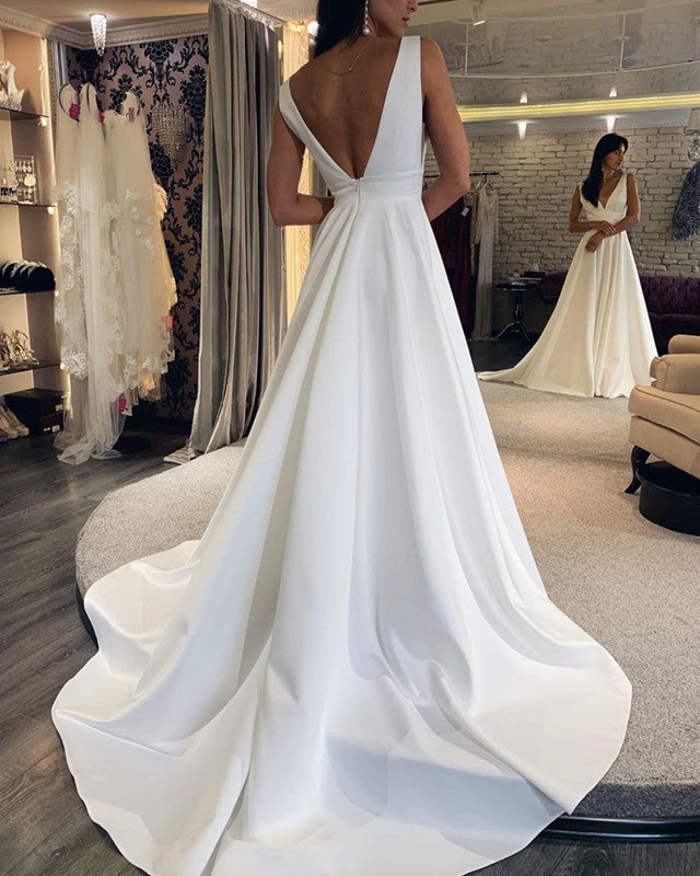Simple Wedding Dress Satin V Neck Backless For Bride – alinanova