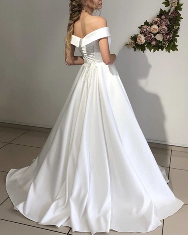 Sleeveless Wedding Dress A Line Satin Off Shoulder – alinanova