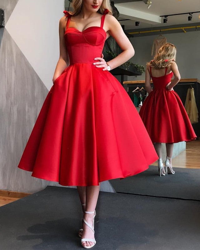 Spaghetti Straps Sweetheart Satin Ball Gowns Bridesmaid Dresses Tea Le ...