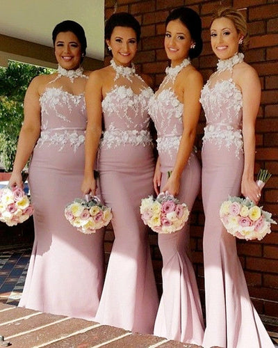 Stunning Flowers Beaded Lace Embroidery Mermaid Halter Bridesmaid Dress-alinanova