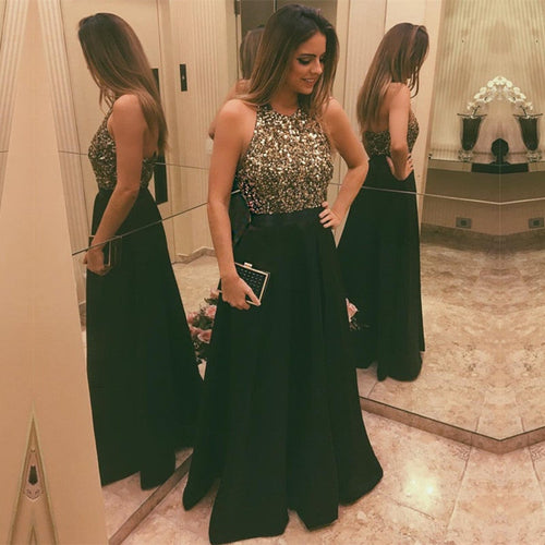 Stunning Sequins Beaded Halter Satin Prom Dresses Long Evening Gowns-alinanova