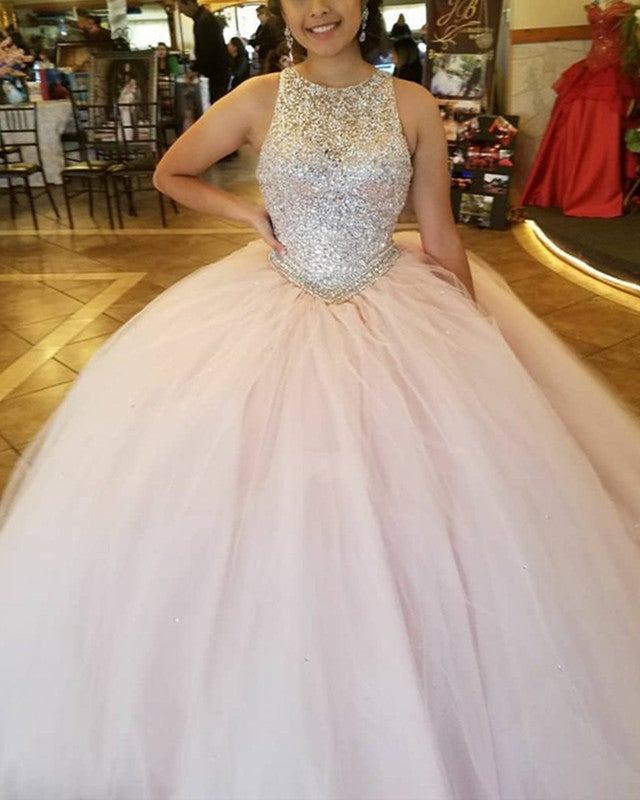 Tulle Ball Gowns Quinceanera Dresses Sequins Beaded Keyhole Back ...