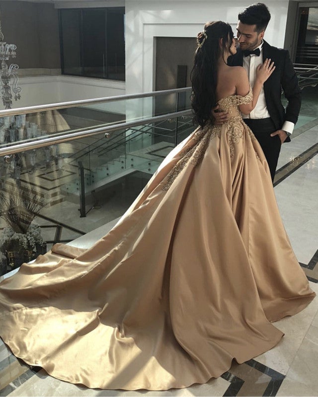 Ball Gown Wedding Satin Off Shoulder Dress Lace Embroidery alinanova