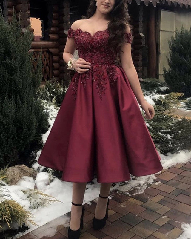 Burgundy tea length formal dress hotsell