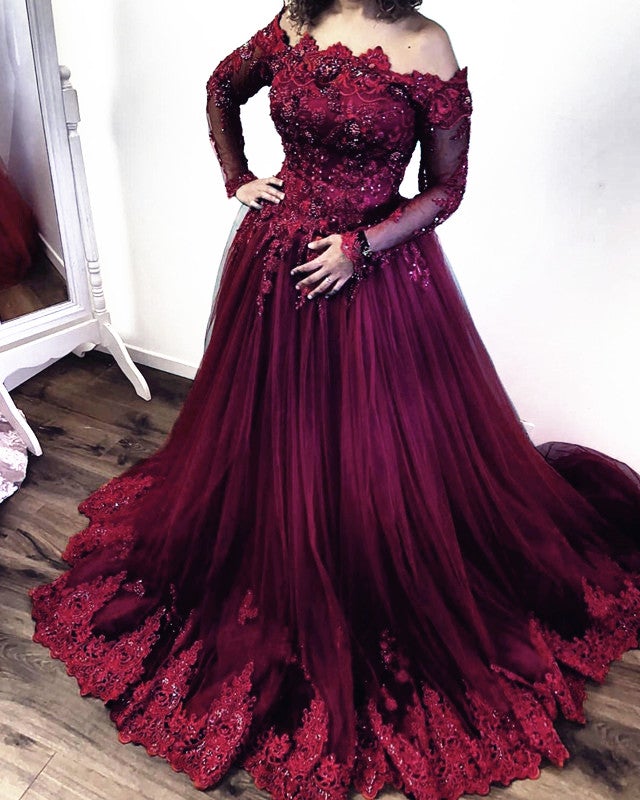 Tulle Ball Gown Quinceanera Dresses Lace Long Sleeves Off The Shoulder ...