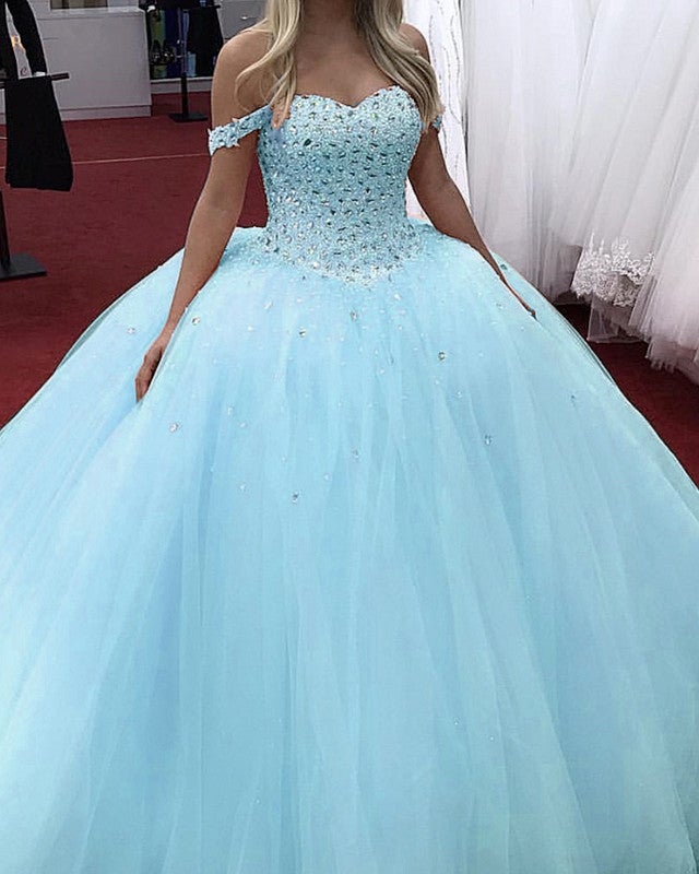 Tulle Princess Ball Gown Dresses Crystal Beaded Off The Shoulder ...