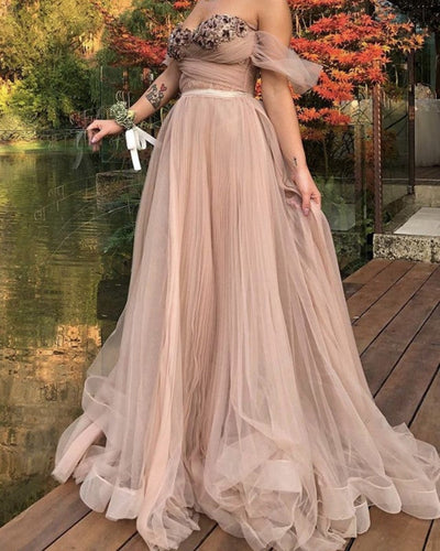 Tulle Sweetheart Embroidery Wedding Boho Dresses Off The Shoulder-alinanova