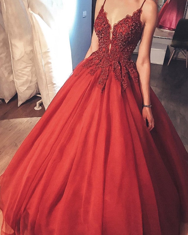 Tulle Prom Dresses Ball Gown Appliques Beaded V Neck – alinanova