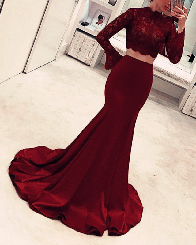 Elegant Lace Crop Two Piece Prom Dress Long Sleeve alinanova