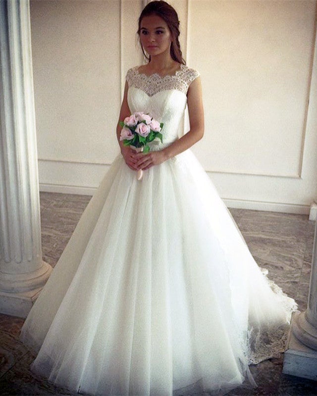 Vintage Lace Cap Sleeves Tulle Princess Wedding Dresses Ball Gowns-alinanova