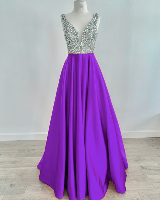 Long Violet Satin Prom Dresses Beaded V Neck – alinanova