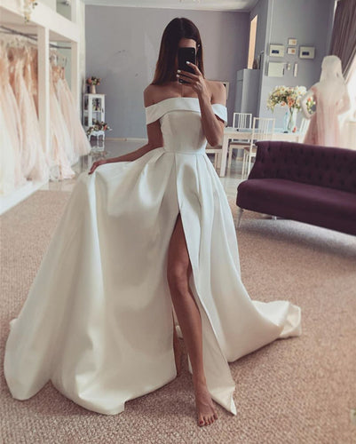 Simple Wedding Dress Satin Split Off The Shoulder-alinanova