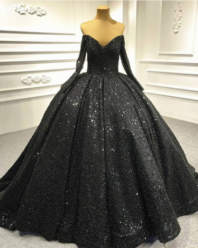 Black Sparkly Off Shoulder Long Sleeve Ball Gown – alinanova