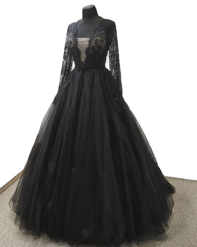 Black Tulle Ball Gown Wedding Dresses Lace Long Sleeve – alinanova