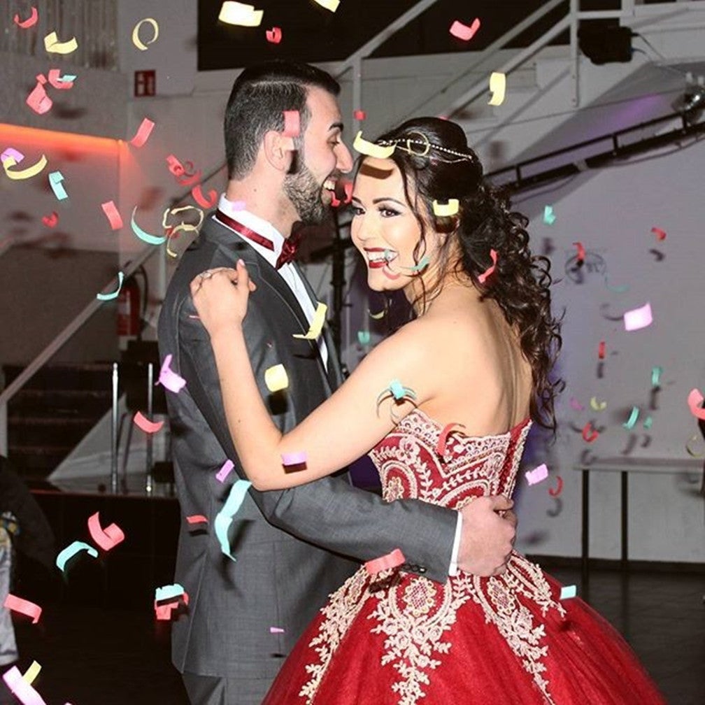 Wine red and shops gold wedding dresses