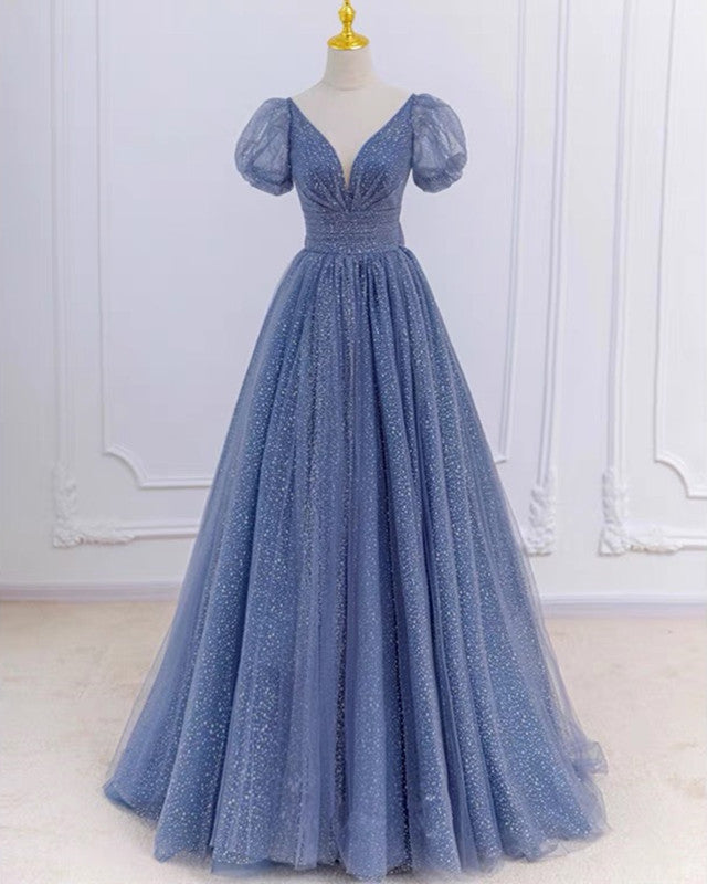 Dusty Blue Prom Dresses Princess Sparkly Gown With Sleeves – alinanova