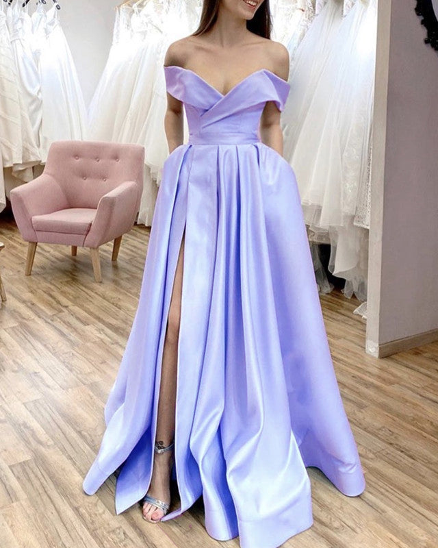 Simple Prom Dresses Split Evening Gown Off The Shoulder With Pockets ...