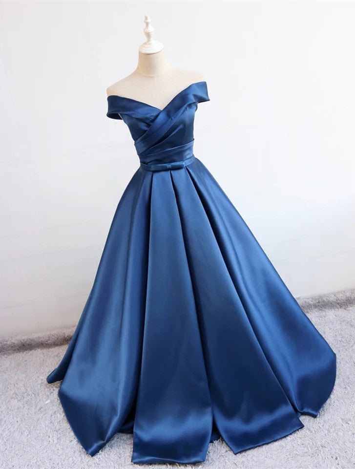 Off Shoulder Ball Gown Satin Dress With Bow Sashes